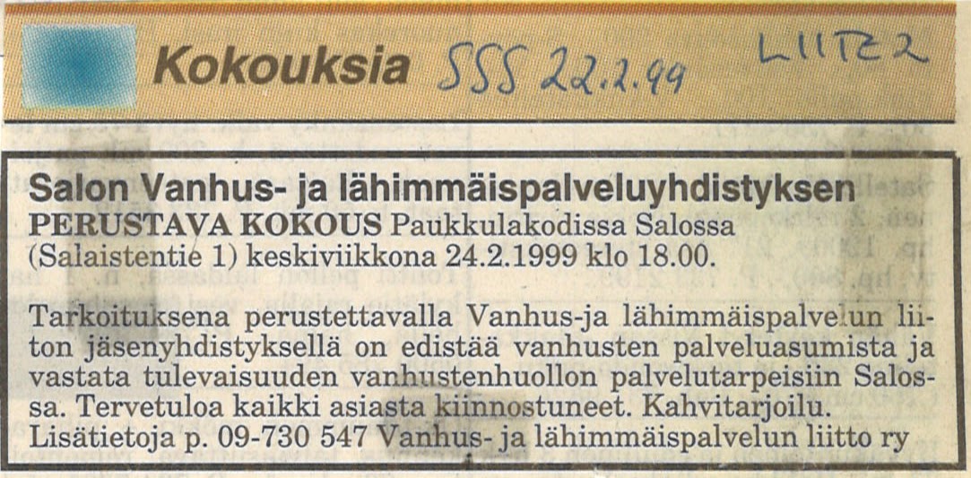 Lehti-ilmoitus Salvan perustamisesta
